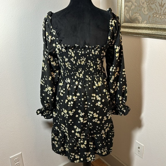 Hint of Blush Boho / pheasant smocked black yellow floral long sleeves dress S - Picture 4 of 6